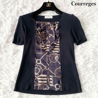 クレージュ(Courreges)のCourreges スカーフ柄ドッキングリブニットトップス 半袖 サマーニット(Tシャツ/カットソー(半袖/袖なし))