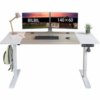 【色: White+Oak】BilBil デスク パソコンラック つくえ 電動昇(オフィス/パソコンデスク)