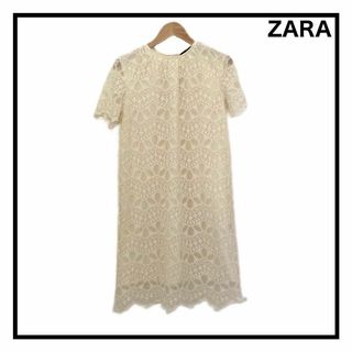 ZARA - ザラ　ひざ丈ワンピース　柄物　半袖　ホワイト　透け感　レース　レディース　S