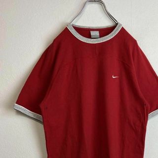 ナイキ(NIKE)の【人気リンガーTシャツ】NIKEワンポイント刺繍ロゴ古着レッド赤スウッシュM(Tシャツ/カットソー(半袖/袖なし))