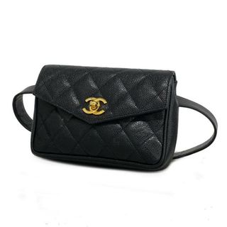 CHANEL - 【4ia0795】シャネル ウエストバッグ/マトラッセ/キャビアスキン/ブラック/ゴールド金具 【中古】 レディース