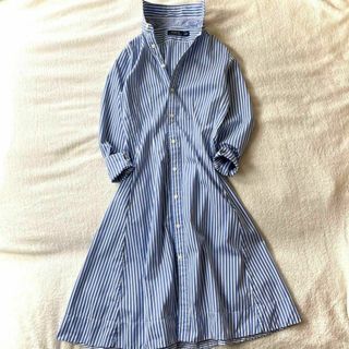 ポロラルフローレン(POLO RALPH LAUREN)の美品 ポロラルフローレン ストライプ ロングシャツワンピース ブルー 青 長袖(ロングワンピース/マキシワンピース)