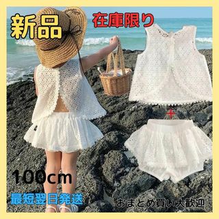 韓国子供服 キッズ レース セットアップ ホワイト ノースリーブ 夏服(ブラウス)