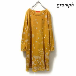 Graniph - granirh グラニフ★長袖スウェットワンピース ステッチ風プリント オレンジ