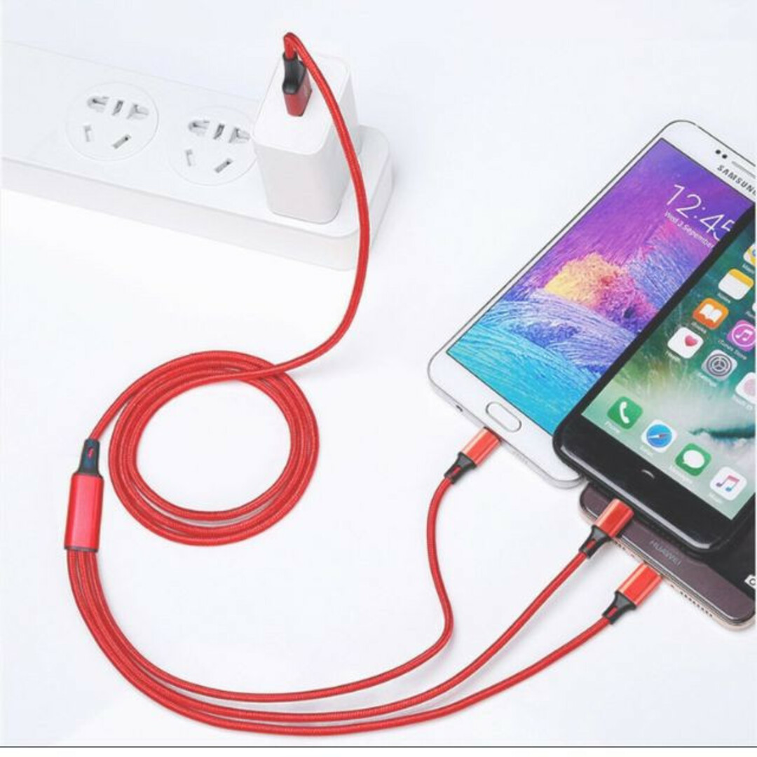 3in1 充電ケーブル 　ブルー　iPhone  Type-C Micro-B スマホ/家電/カメラのスマートフォン/携帯電話(バッテリー/充電器)の商品写真