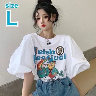 ★新作入荷★ バルーン袖 プリント Tシャツ Lサイズ 個性的 カットソー 韓国(Tシャツ(半袖/袖なし))