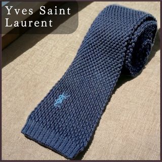 Yves Saint Laurent - イヴサンローラン ニットタイ ロゴ刺繍 ネイビー カジュアル 綿コットン100%