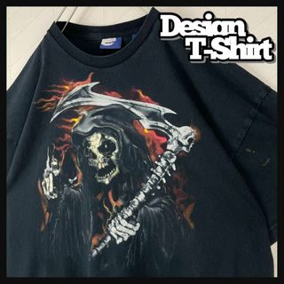 USA古着 デザイン Tシャツ 死神 カマ スカル 髑髏 オーバーサイズ 墨黒(Tシャツ/カットソー(半袖/袖なし))