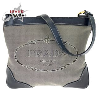 PRADA - PRADA プラダ ロゴジャガード ブラック 黒 グレー ゴールド金具 キャンバス レザー ショルダーバッグ 斜め掛け レディース 405803 【中古】