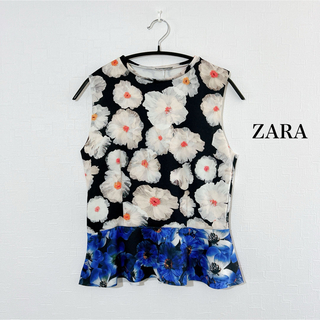 ザラ(ZARA)のZARA 花柄 ブラック ブルー 防水 ノースリーブ トップス 夏 M(Tシャツ(半袖/袖なし))