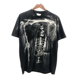 90年代 大判プリント 死神 グラフィック 半袖Ｔシャツ スカル シングルステッチ ブラック (メンズ XL相当) 中古 古着 Q5490(Tシャツ/カットソー(半袖/袖なし))