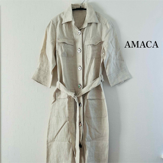 AMACA - AMACA 麻100% シンプル ナチュラル 半袖ワンピース タマムシカラー