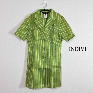 INDIVI - INDIVI ストライプ柄 グリーン 半袖シャツワンピース チュニック 緑 夏