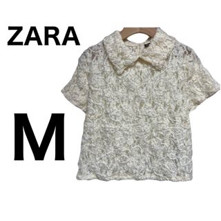 ザラ(ZARA)の【美品】ZARA トップス　半袖　シースルー　花柄　襟付き　シャツ　M ザラ　白(シャツ/ブラウス(半袖/袖なし))