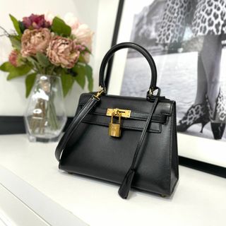 エルメス(Hermes)の美品 HERMES エルメス ミニケリー ボックスカーフ ブラック(ハンドバッグ)