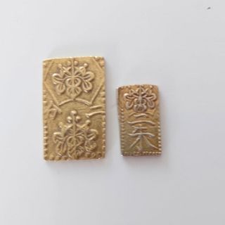 明治二分金◆天保二朱金◆2枚セット◆江戸金貨◆金台◆判金