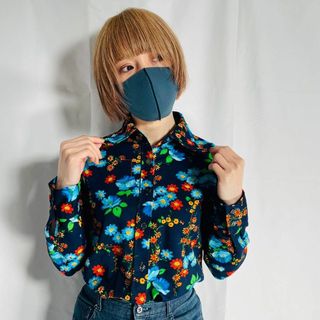 ヴィンテージ(VINTAGE)の70sヴィンテージ レトロシャツ 鹿の子 ポリエステル ボタニカル 花柄(シャツ/ブラウス(長袖/七分))