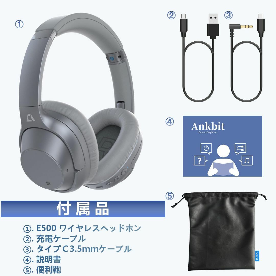 色: シルバー】Ankbit E500 ワイヤレス ヘッドホン ノイズ 色: シルバー】Ankbit E500 ワイヤレス ヘッドホン ノイズ