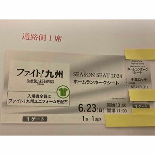 福岡ソフトバンクホークス - 大人気の通路側ソフトバンクチケット６月23日日曜対千葉ロッテB指定席通路側１枚