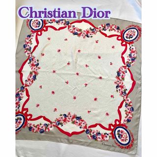 Christian Dior - Christan Dior  シルク100 大判スカーフ　ホワイト系フラワー模様