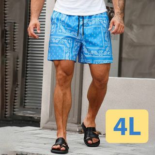 4L 大きいサイズ メンズ 水着 海水パンツ ハーフ 短パン ペイズリー柄  青(水着)