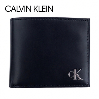 Calvin Klein - カルバンクライン 二つ折り財布 ブラック レザー 本革 CK メタルロゴ 黒色