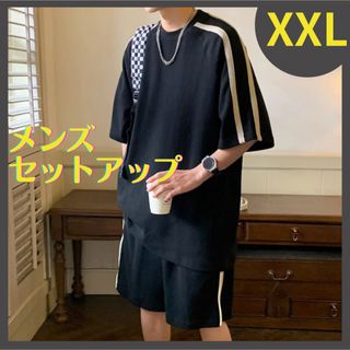 メンズ セットアップ 上下セット 半袖ハーフパンツ ブラックXXL(Tシャツ/カットソー(半袖/袖なし))