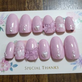 No.991♡ネイルチップ　リボン　ハート　蝶々　ピンク　キラキラ(ネイルチップ)