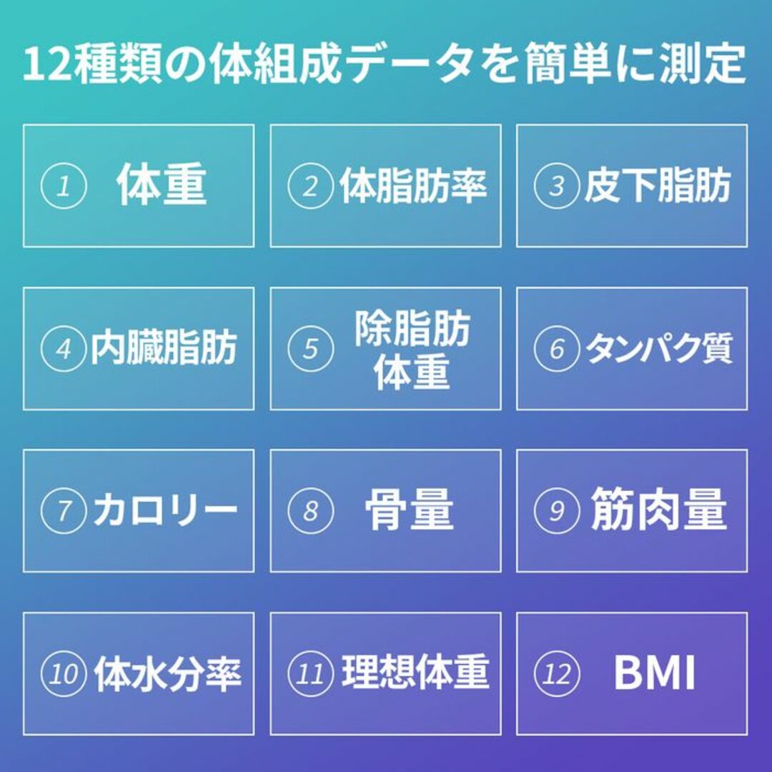 ★体組成計★ 12種データ 軽量 小型 自動OFF 脂肪量 蛋白質 骨量 筋肉量 スマホ/家電/カメラの美容/健康(体重計/体脂肪計)の商品写真