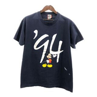 ディズニー(Disney)の90年代 USA製 Disney ディズニー ミッキーマウス 半袖Ｔシャツ キャラクター ネイビー (メンズ L) 中古 古着 Q5574(Tシャツ/カットソー(半袖/袖なし))