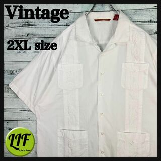 ヴィンテージ 刺繍デザイン 4ポケット 半袖 開襟キューバシャツ ホワイトXXL(シャツ)