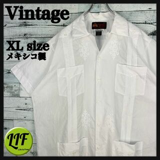ヴィンテージ メキシコ製 刺繍デザイン 4ポケット 半袖 キューバシャツ XL(シャツ)