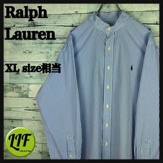 ラルフローレン(Ralph Lauren)のラルフローレン 刺繍ロゴ 長袖 ノーカラーシャツ ストライプ 青白 XL相当(シャツ)