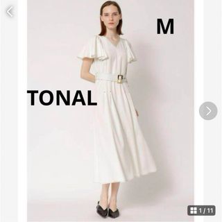 トーナル(TONAL)の★極美品★TONAL ラッフルスリーブワンピース M ホワイト(ロングワンピース/マキシワンピース)