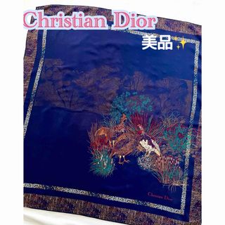 クリスチャンディオール(Christian Dior)のChristian Dior シルク100% 大判スカーフ　ネイビー地にバード柄(バンダナ/スカーフ)