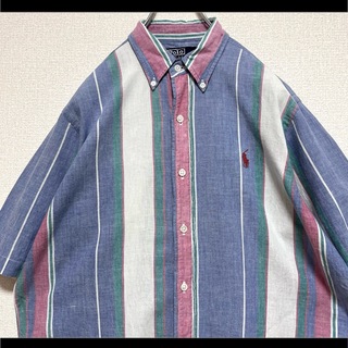 Ralph Lauren - ラルフローレン ボタンダウンシャツ 半袖 ストライプ 赤ポニー刺繍  M