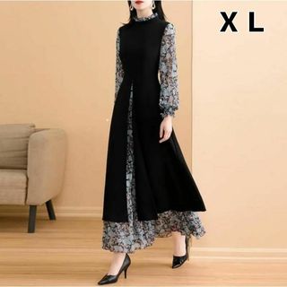 【訳あり】XL　ロング ワンピース 重ね着風 花柄 華やか お呼ばれ モード(ロングワンピース/マキシワンピース)