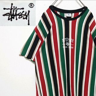 ステューシー(STUSSY)の希少 ステューシー センター 刺繍ロゴ ストライプ マルチカラー 半袖 Tシャツ(Tシャツ/カットソー(半袖/袖なし))