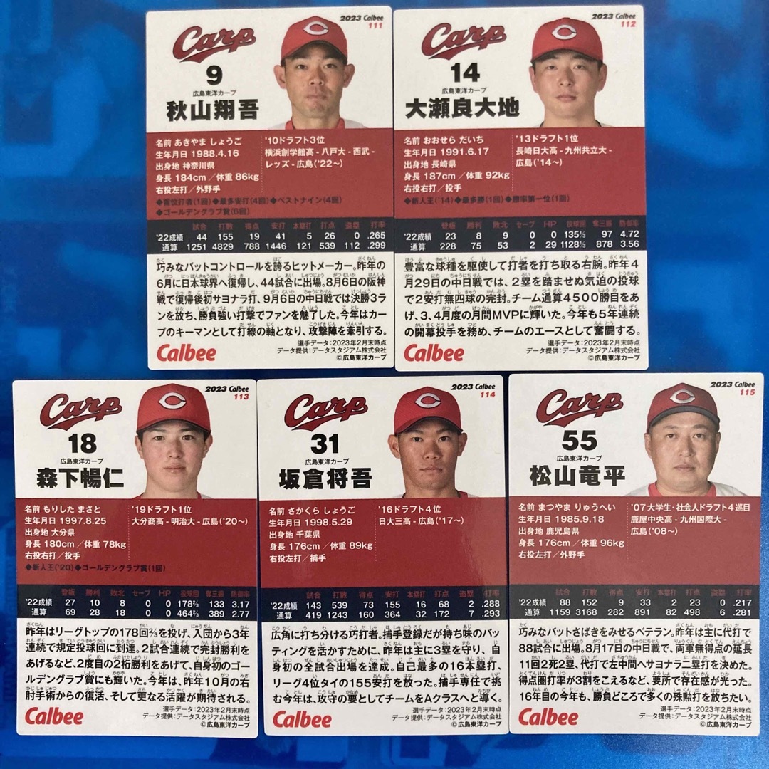 カルビー　プロ野球チップス　広島　2023年　第2弾　レギュラーカード　5種 エンタメ/ホビーのトレーディングカード(シングルカード)の商品写真