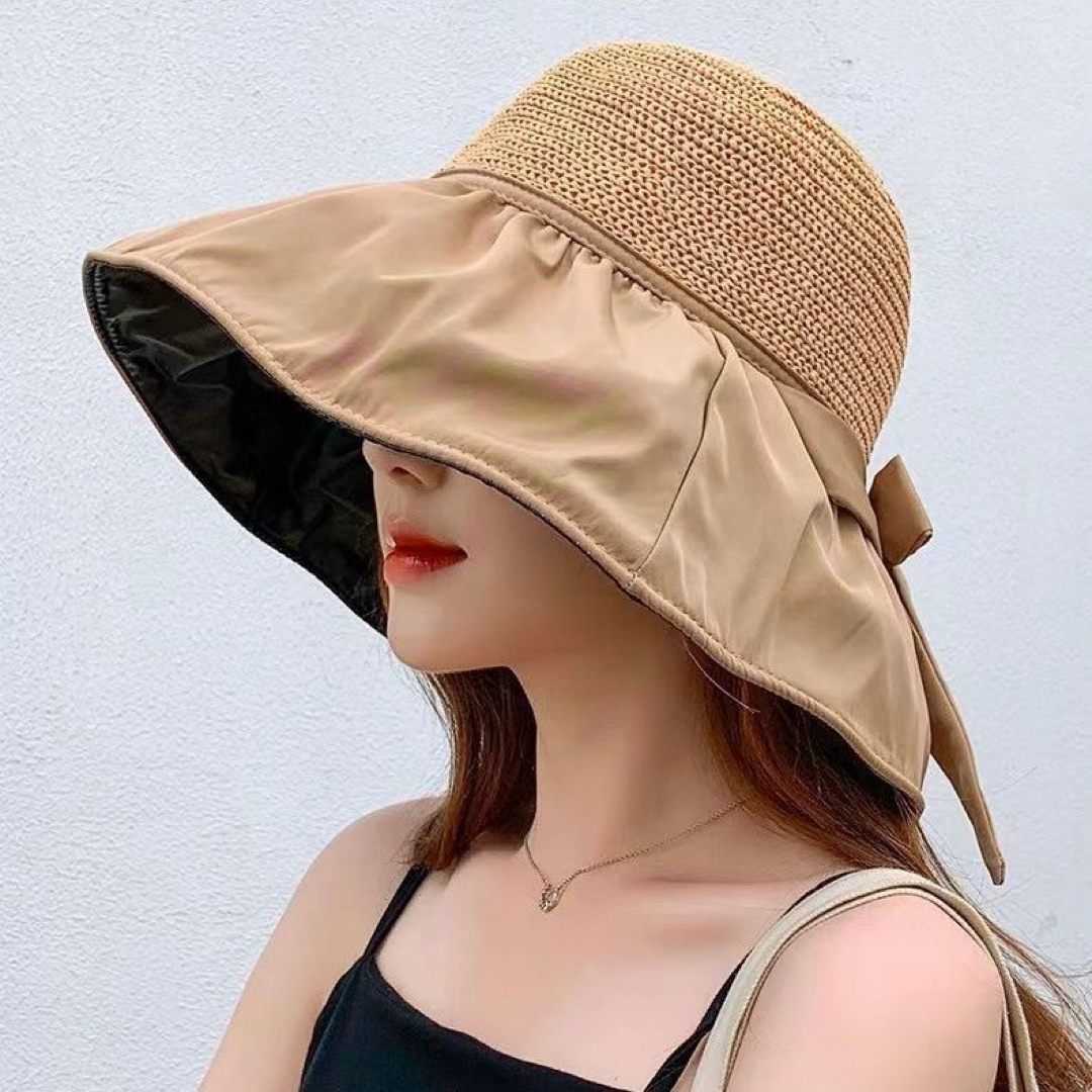 帽子 UVカット バックリボン ベージュ 日焼け防止 レディース帽子 折りたたみ レディースの帽子(麦わら帽子/ストローハット)の商品写真