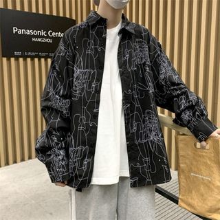 限定　柄シャツ　XL 黒　y2k　カジュアル　総柄　羽織　個性的　古着系　幾何学(シャツ)