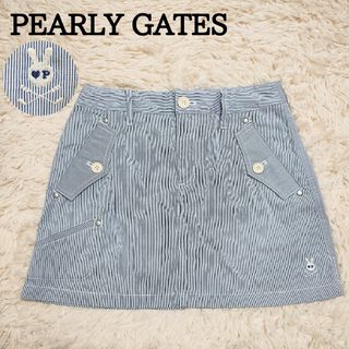 パーリーゲイツ(PEARLY GATES)の美品　パーリーゲイツ　スカート　ストライプ　水色　刺繍ロゴ　ゴルフウェア(ウエア)