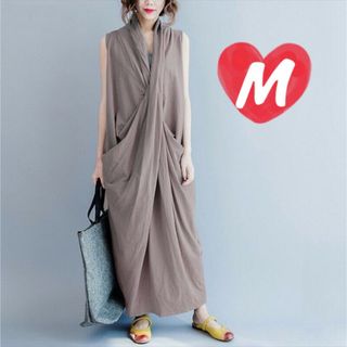 ロングワンピース カシュクール リネン レイヤード 前クロスギャザー M(ロングワンピース/マキシワンピース)