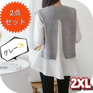 【セット商品】ニットベスト ＆ ブラウスレイヤード ニット トップス 2点セット(シャツ/ブラウス(長袖/七分))