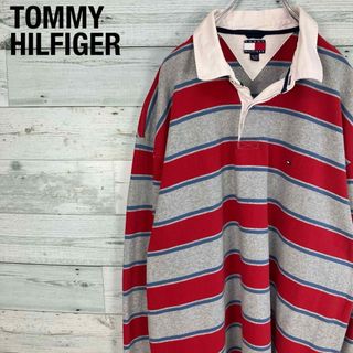 TOMMY HILFIGER - トミーヒルフィガー ボーダー 刺繍 フラッグロゴ XXLサイズ 長袖ポロシャツ