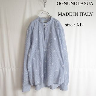 OGNUNOLASUA 刺繍 デザイン バンドカラー シアサッカー シャツ XL