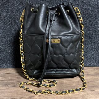 良品◎ モスキーノ MOSCHINO 巾着 チェーンショルダーバッグ 黒 本革