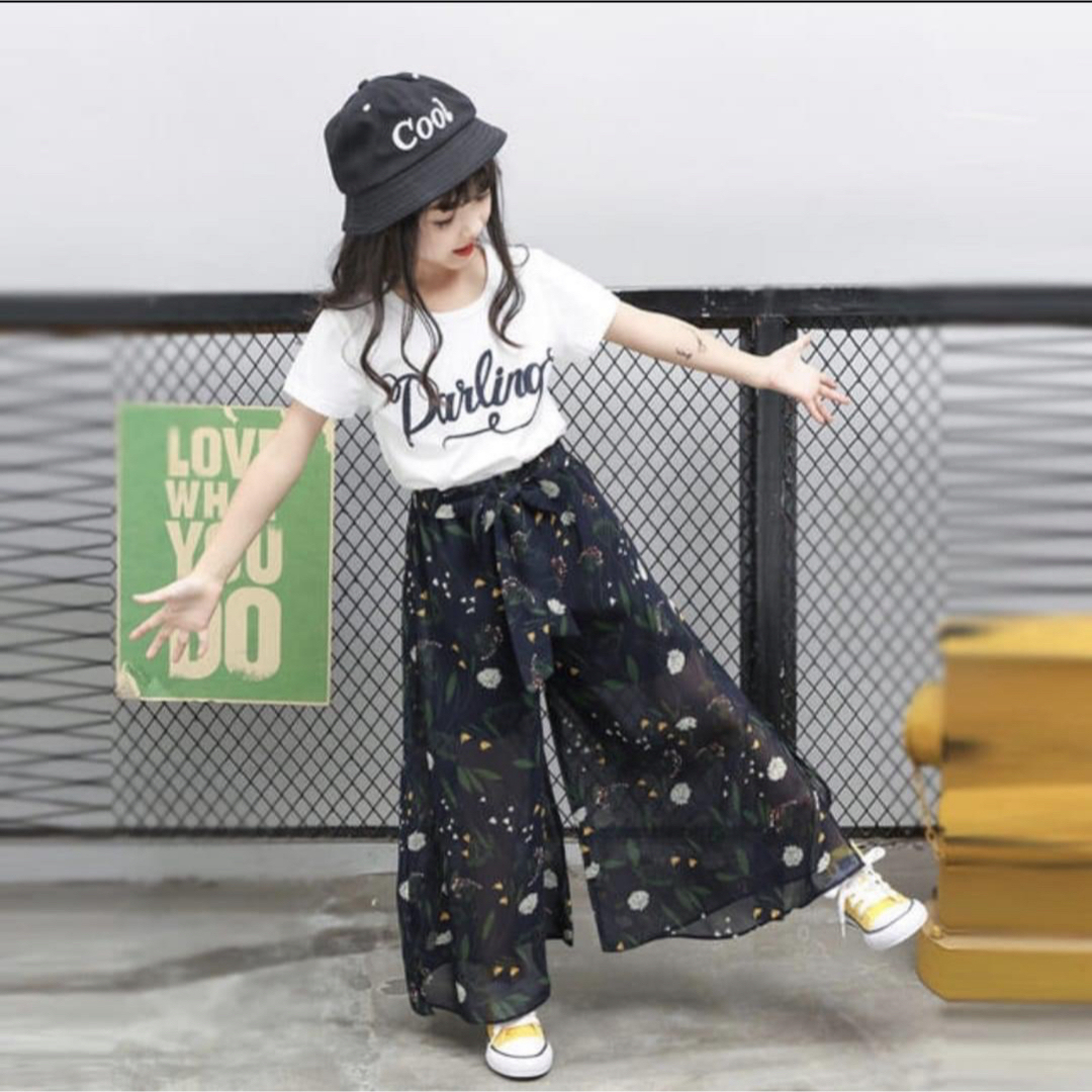 シフォン ロングパンツ ブラック 160 女の子 ガールズ ガウチョパンツ キッズ/ベビー/マタニティのキッズ服女の子用(90cm~)(パンツ/スパッツ)の商品写真