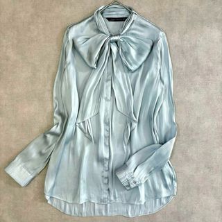 ザラ(ZARA)のザラ ウーマン サテン リボン ブラウス シャツ sizeM ミント(シャツ/ブラウス(長袖/七分))