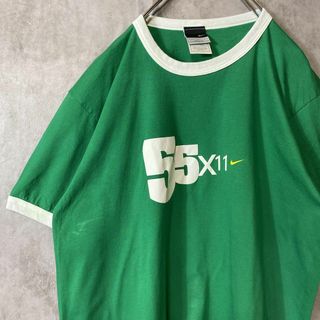 ナイキ(NIKE)の【usa製、リンガーTシャツ】NIKEビッグロゴプリント古着グリーン90s半袖(Tシャツ/カットソー(半袖/袖なし))